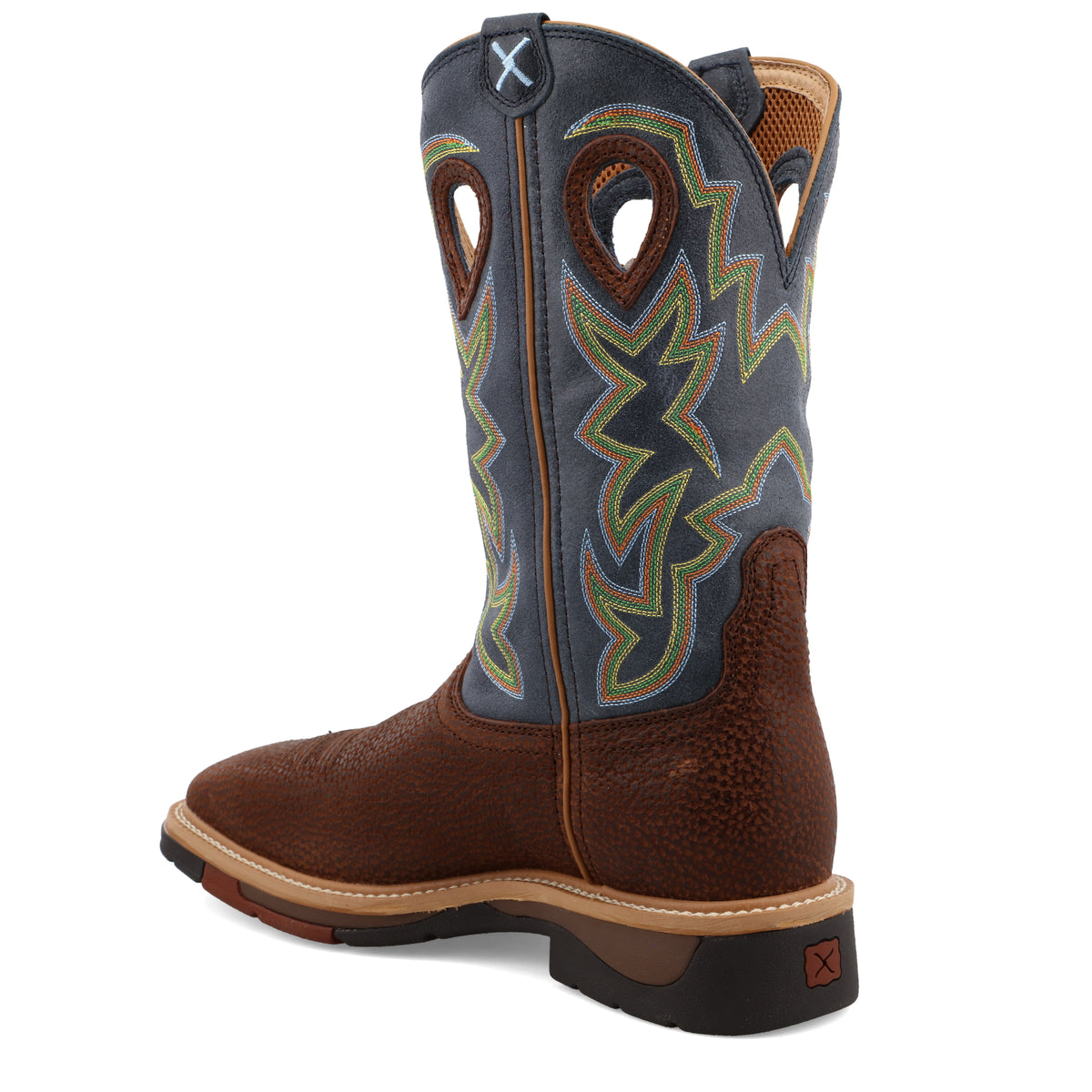 Allen's Bootery Twisted X men's 12-inch navy and peanut leather western work boot with colorful shaft embroidery