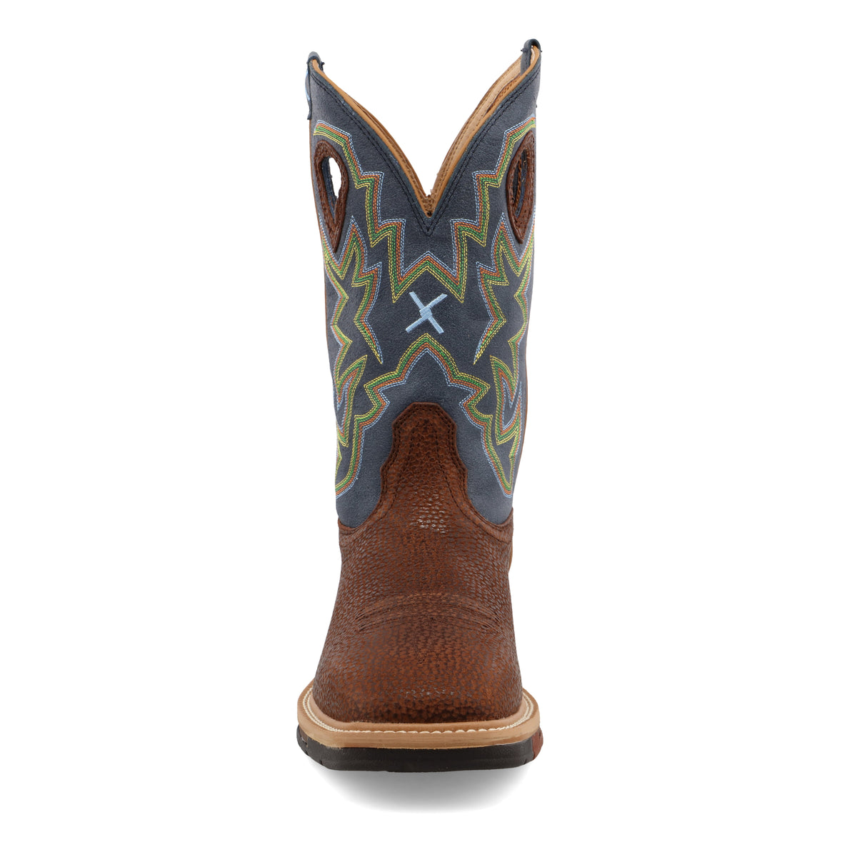 Allen's Bootery Twisted X men's 12-inch navy and peanut leather western work boot with colorful shaft stitching