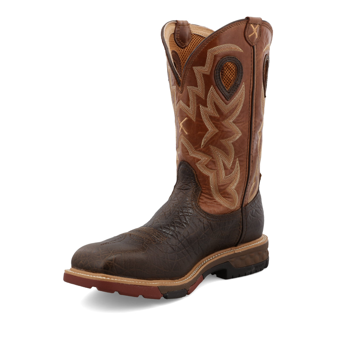 Allen's Bootery Twisted X men's 12-inch waterproof western alloy toe work boot in chocolate and spice full-grain leather