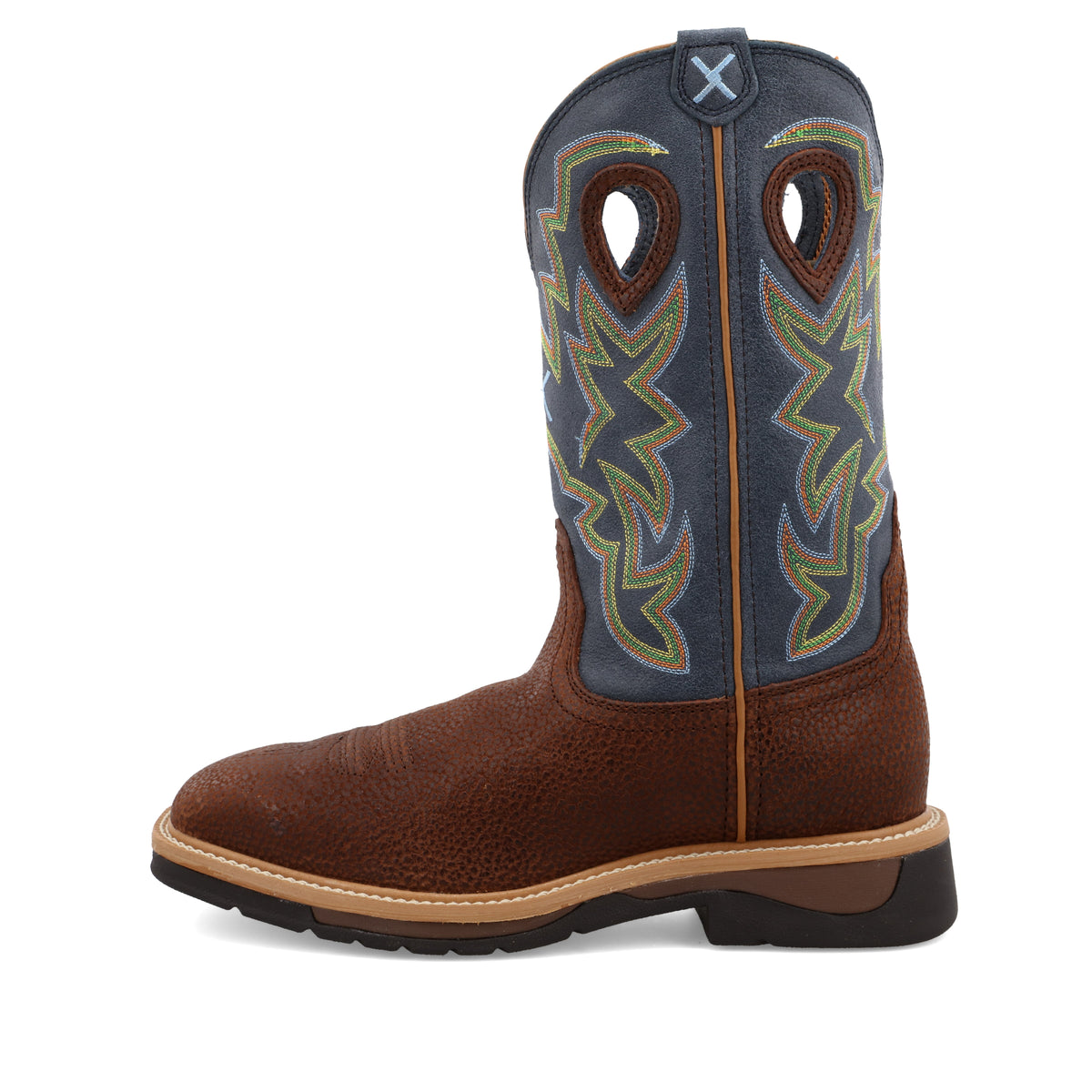 Allen's Bootery Twisted X men's 12-inch navy and peanut leather western work boot with decorative stitching