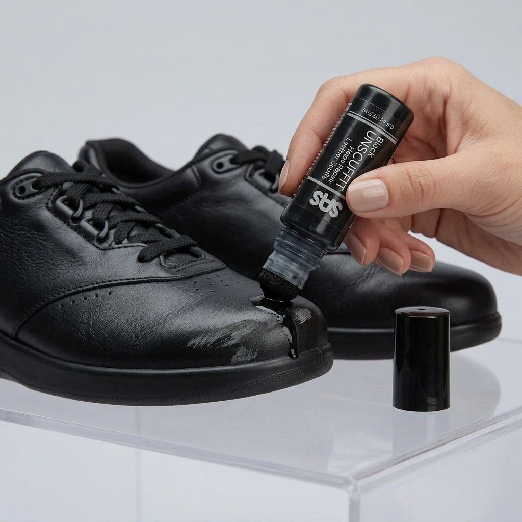 Allen's Bootery Unscuffit black leather scuff repair dauber applying polish to a scuffed black leather shoe