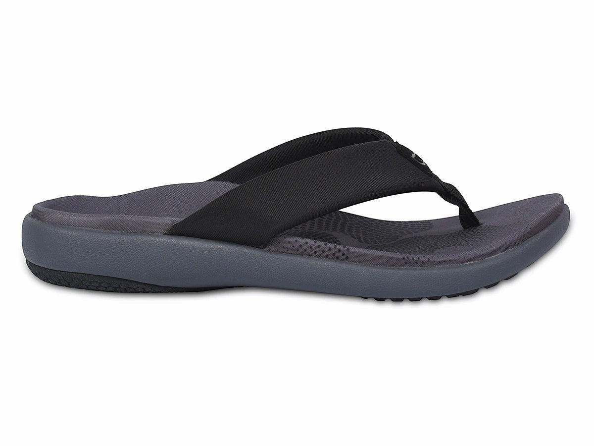 Allen's Bootery Victoria black memory foam thong sandal with contoured footbed and engineered knit upper side view