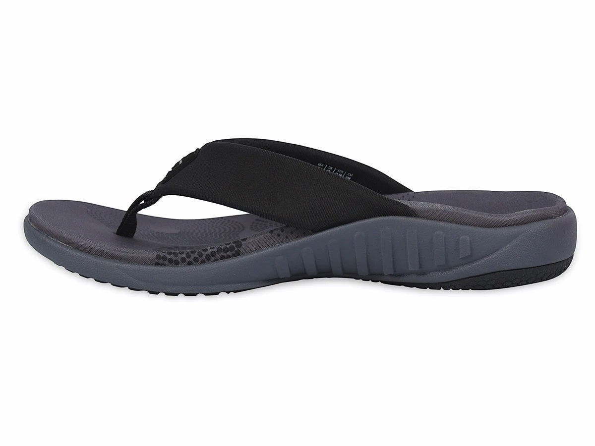 Allen's Bootery Victoria black memory foam thong sandal with contoured footbed and arch support, side view.