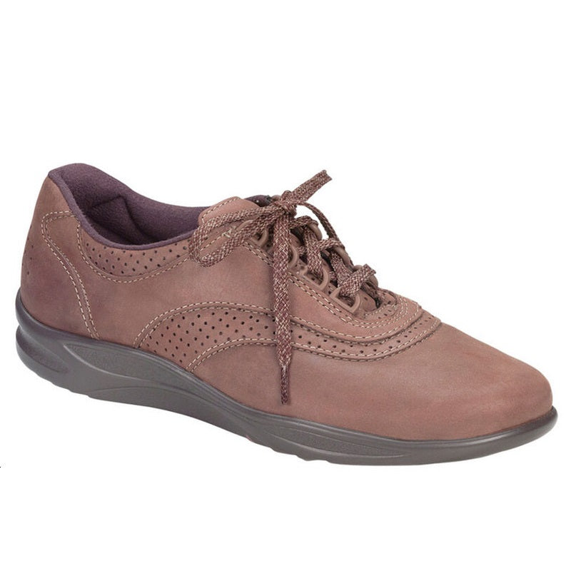 Allen's Bootery Walk Easy chocolate brown leather walking shoe with perforated detailing and cushioned sole