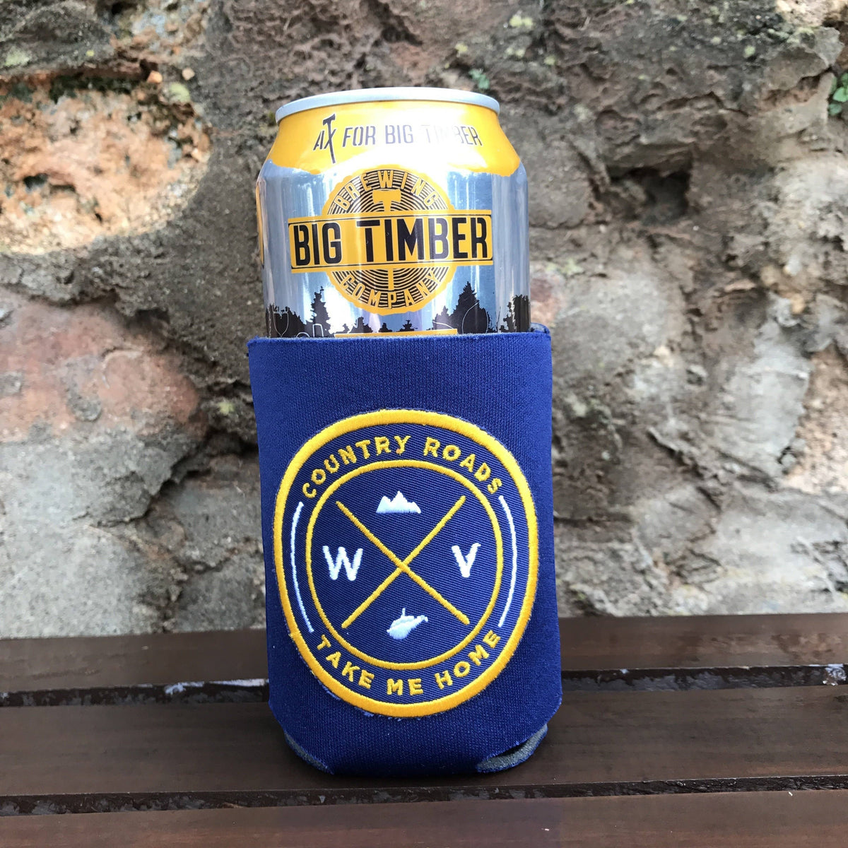 Allen's Bootery blue can koozie featuring a yellow and white embroidered West Virginia state seal patch
