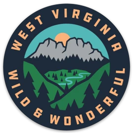 Allen's Bootery circular West Virginia Wild & Wonderful sticker featuring Seneca Rocks, mountains, and a river.