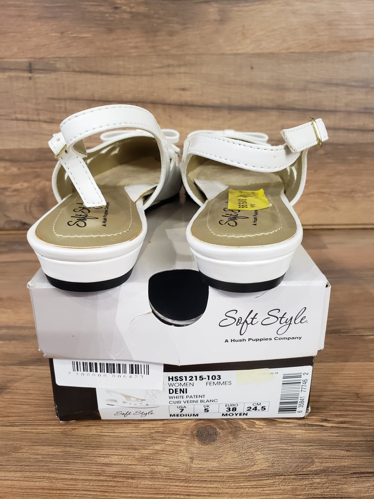 Allen's Bootery Soft Style by Hush Puppies Deni white patent slingback flats with adjustable buckle strap