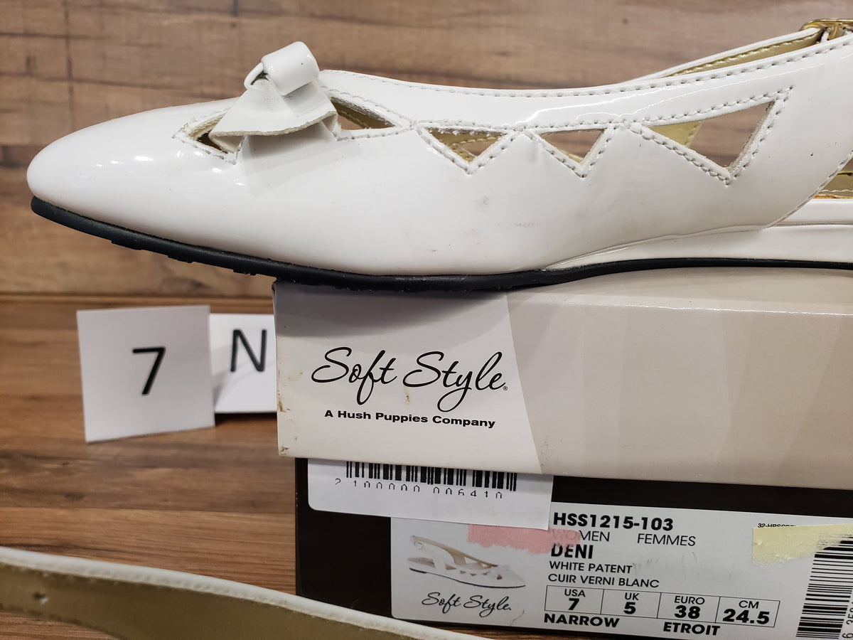 Allen's Bootery Soft Style by Hush Puppies Deni white patent leather slingback flats with cutout details