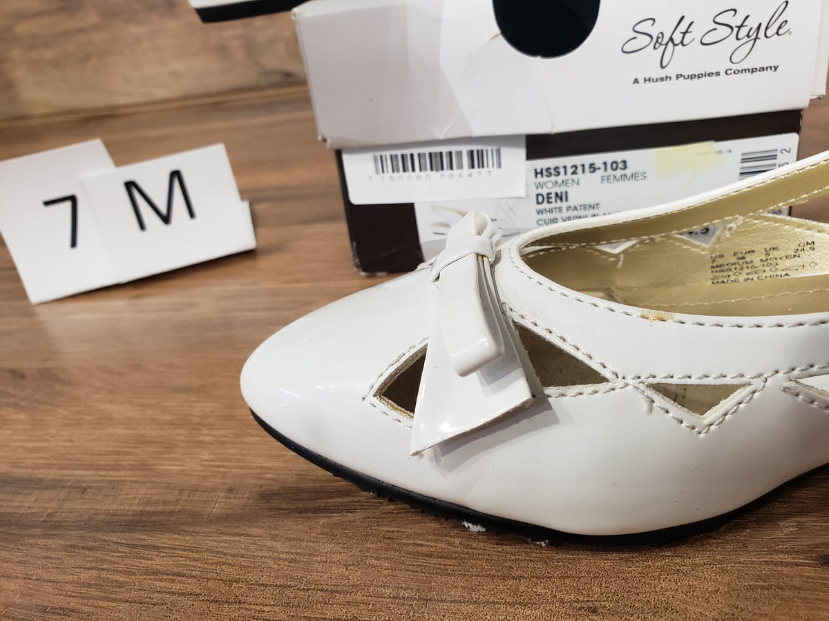 Allen's Bootery Soft Style by Hush Puppies Deni white patent leather slingback flats with bow detail
