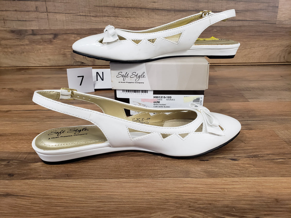Allen's Bootery Soft Style by Hush Puppies Deni white patent leather slingback flats with bow detail