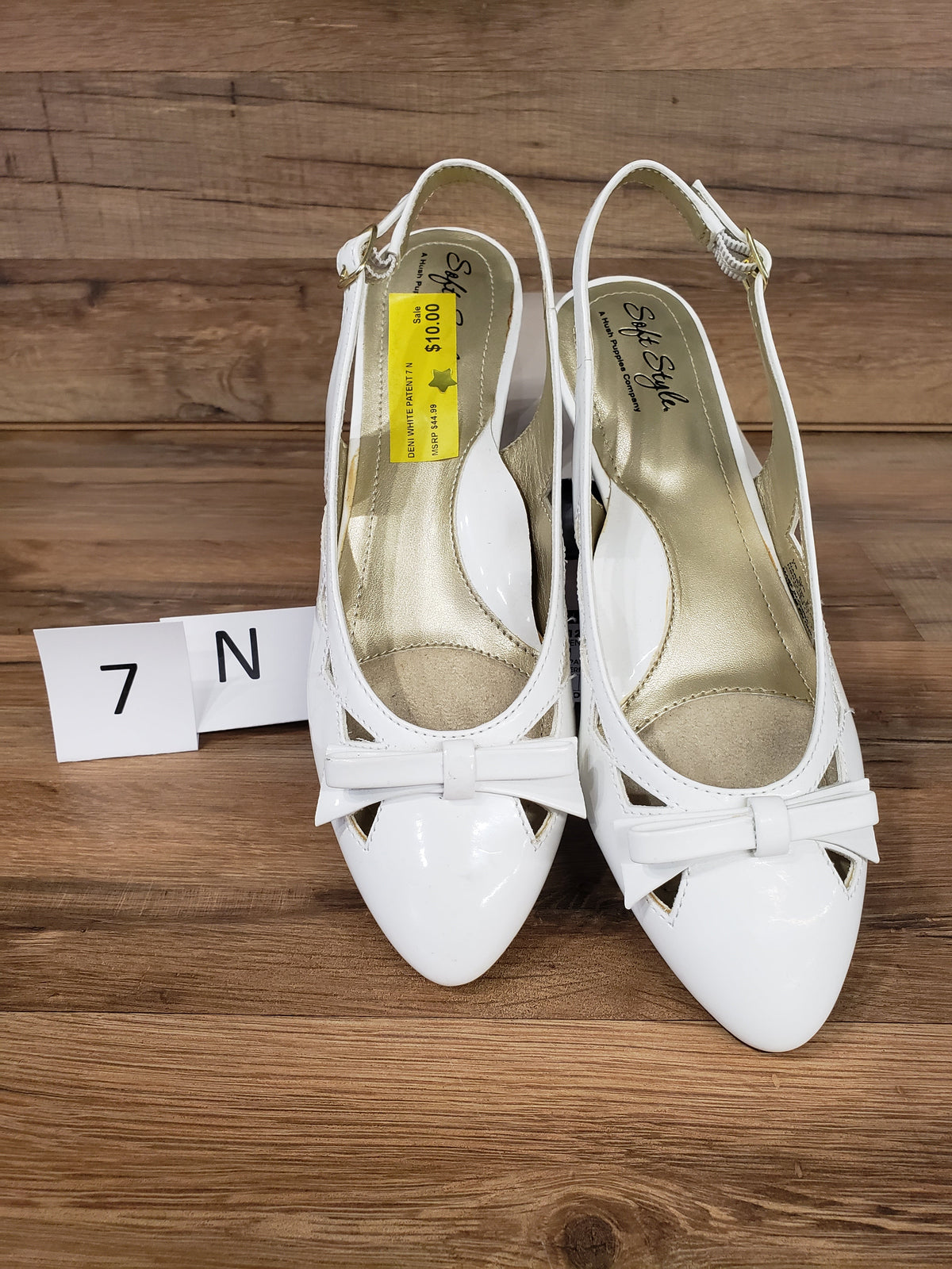 Allen's Bootery Soft Style by Hush Puppies Deni white patent leather slingback flats with bow detail