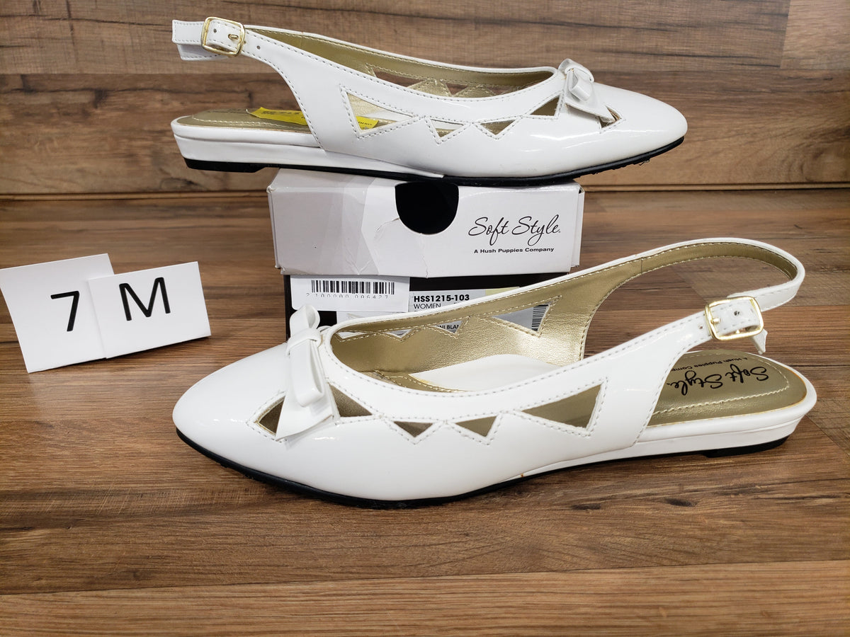 Allen's Bootery Soft Style by Hush Puppies Deni white patent leather slingback flats with bow and cutout details