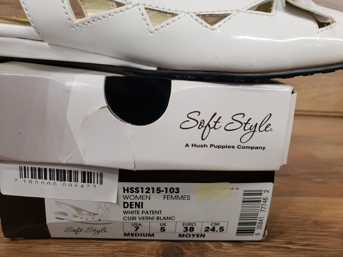 Allen's Bootery Soft Style by Hush Puppies Deni white patent leather slingback flats with cutout details on box