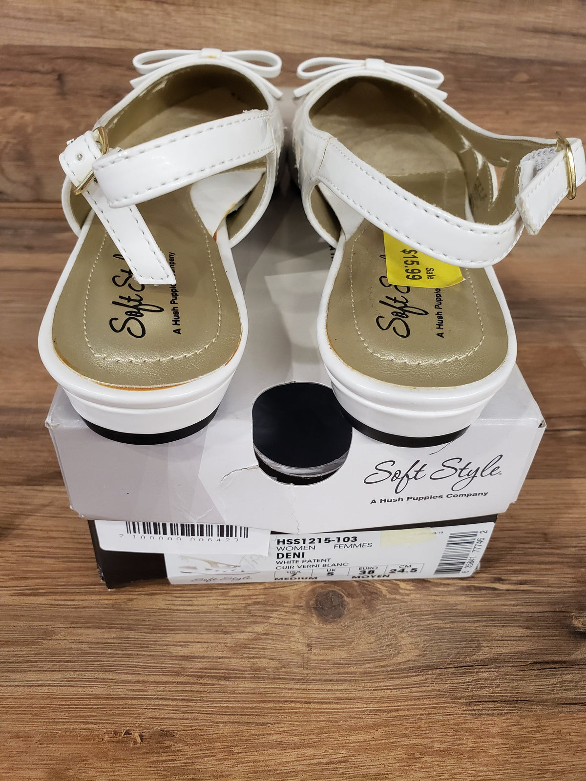 Allen's Bootery Soft Style by Hush Puppies Deni white patent slingback flats with bow detail on the toe