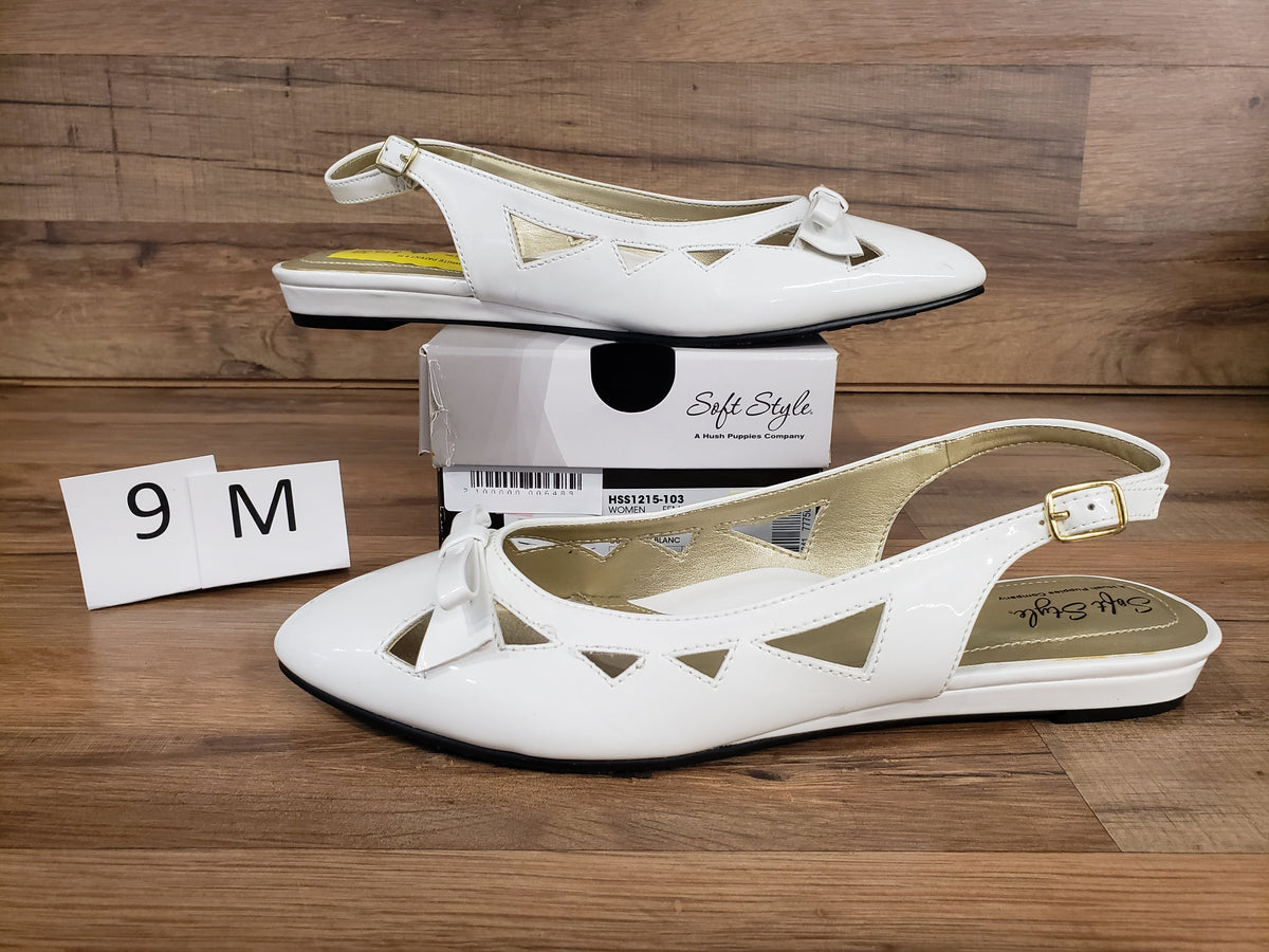 Allen's Bootery Soft Style by Hush Puppies white patent leather slingback flats with bow detail and cutout sides