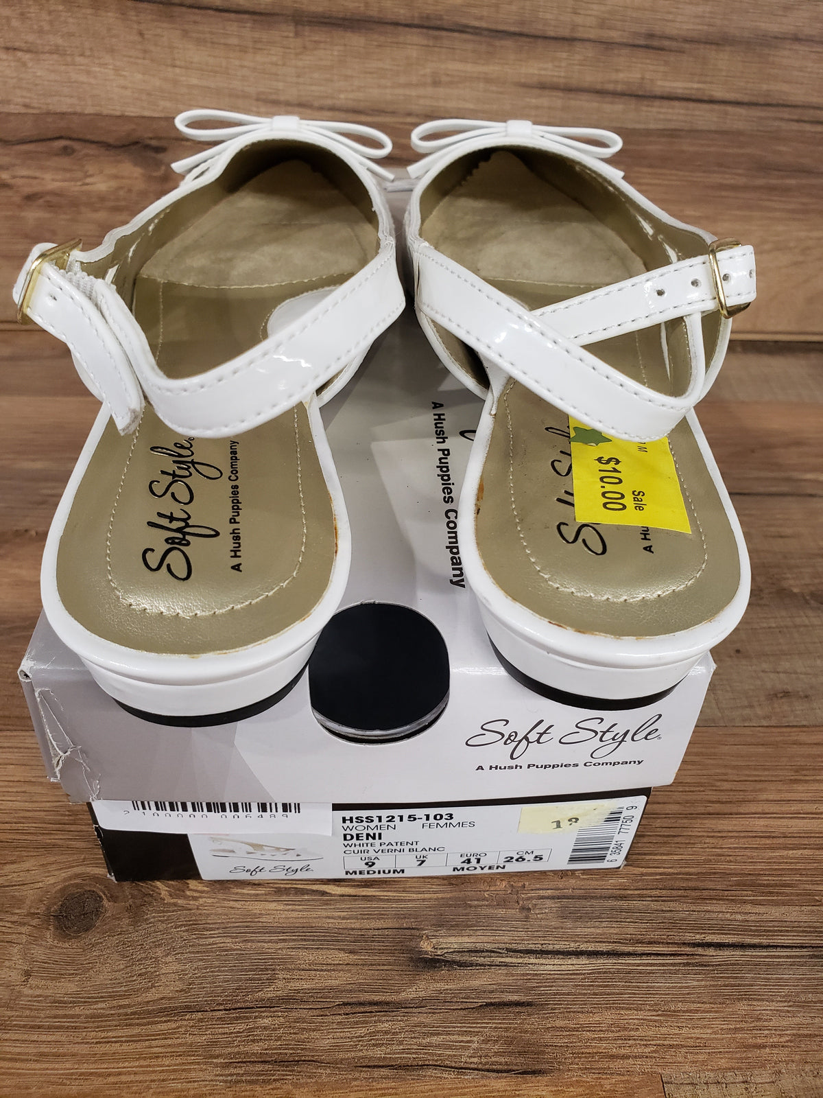 Allen's Bootery Soft Style by Hush Puppies Deni white patent leather slingback flats with bow detail on shoe box