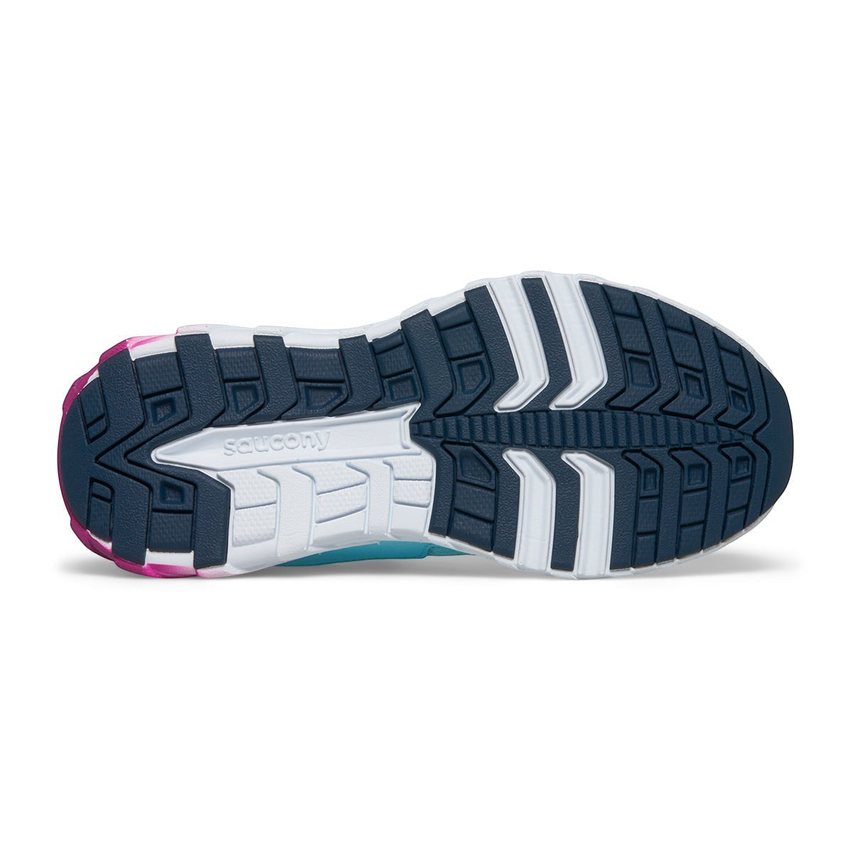 Allen's Bootery Little Kid's Wind 2.0 sneaker showing the blue, white, and pink rubber outsole tread pattern.