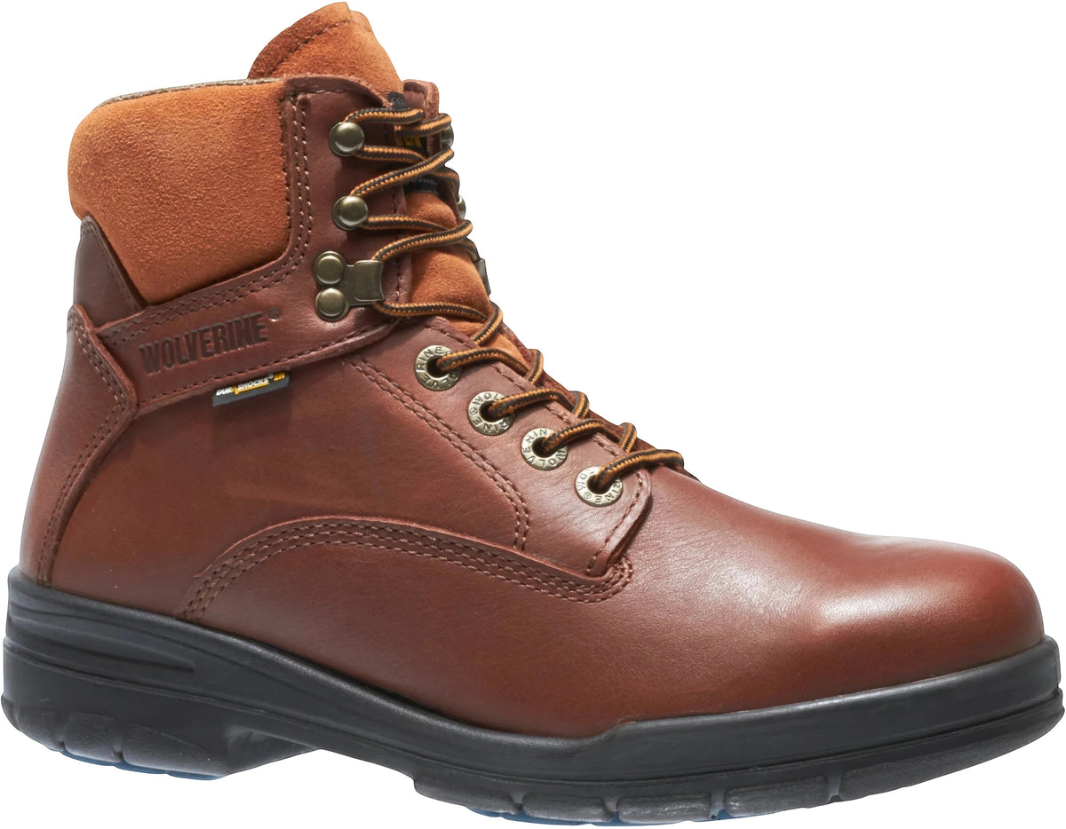 Allen's Bootery brown leather Wolverine Durashock waterproof work boot with lace-up closure and black sole.