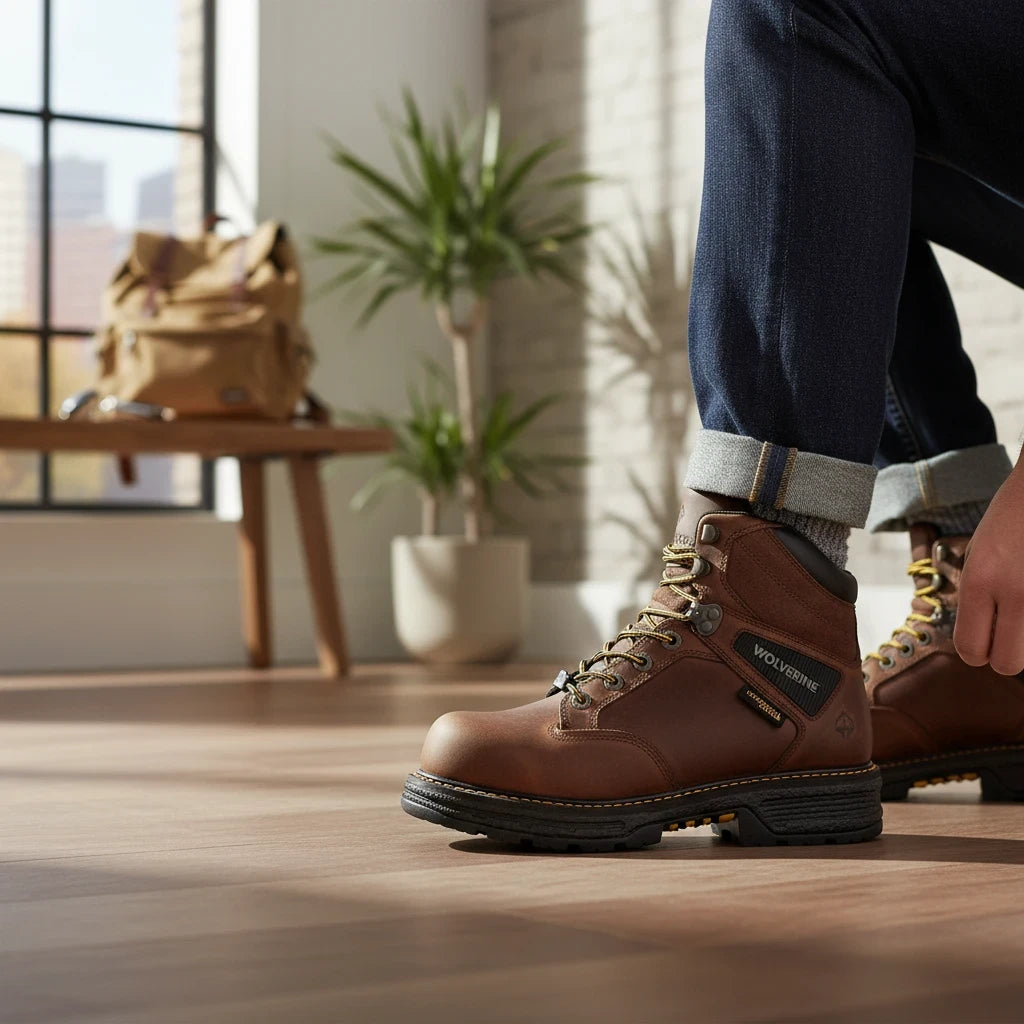 Allen's Bootery Wolverine Hellcat tobacco brown leather waterproof work boot with composite toe and rugged lug sole