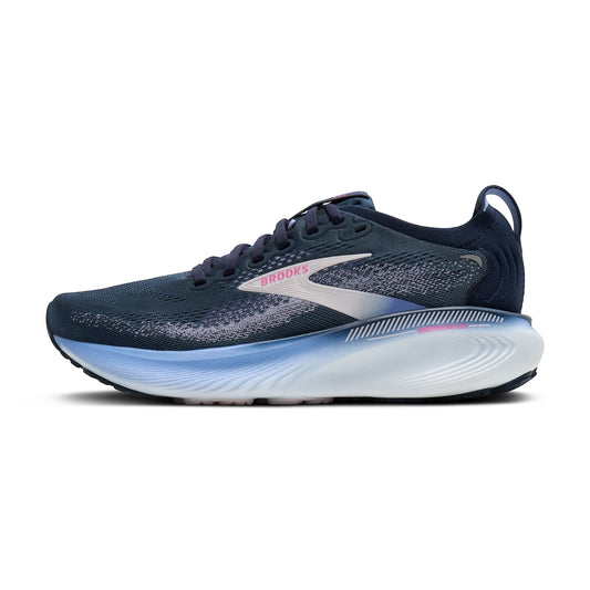Allen's Bootery Women's Adrenaline 25 navy blue running shoe with pink and light blue accents, breathable mesh upper, and supportive sole.