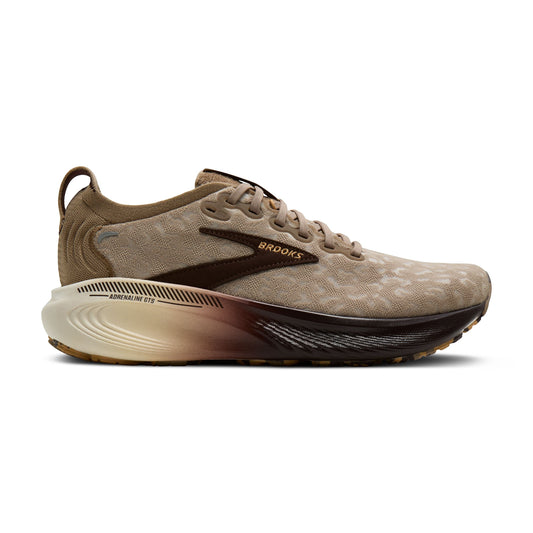 Allen's Bootery Women's Adrenaline 25 running shoe in greige/chocolate/latte with leopard print detail and supportive cushioning.