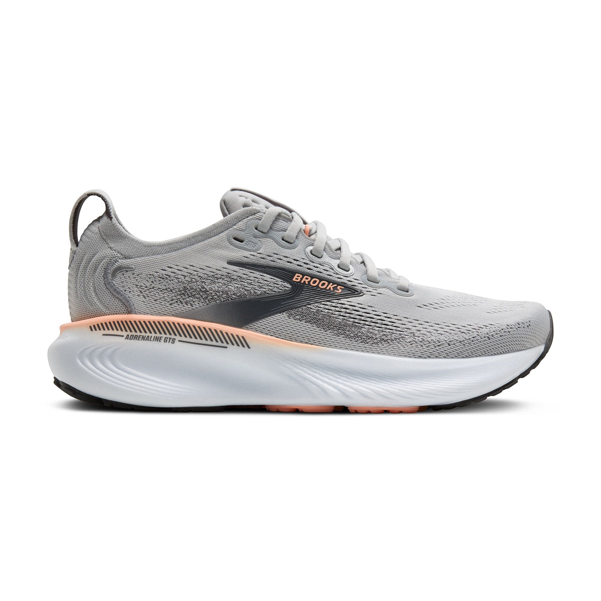 Allen's Bootery Women's Adrenaline GTS 25 grey, black, and coral running shoes with breathable mesh upper and supportive cushioning.