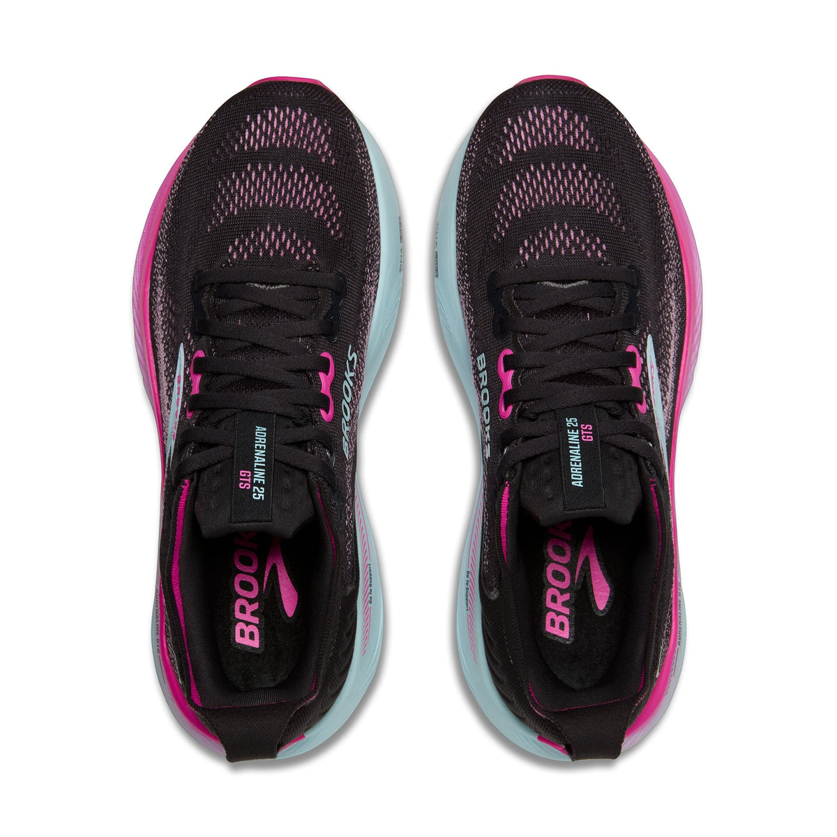 Allen's Bootery Women's Adrenaline GTS 25 black running shoes with cyber pink and iced aqua accents. Mesh upper, supportive cushioning.