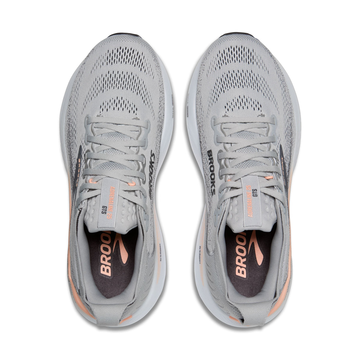 Allen's Bootery Women's Adrenaline GTS 25 running shoes in grey with coral accents. Breathable mesh upper and supportive cushioning.