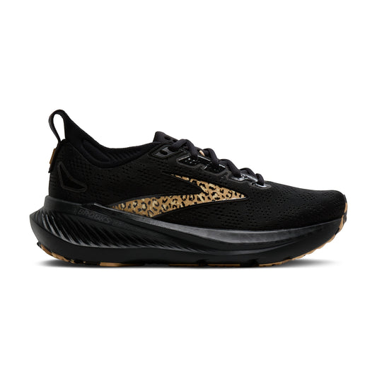 Allen's Bootery Women's Glycerin 23 black running shoe with leopard print accent on the side.