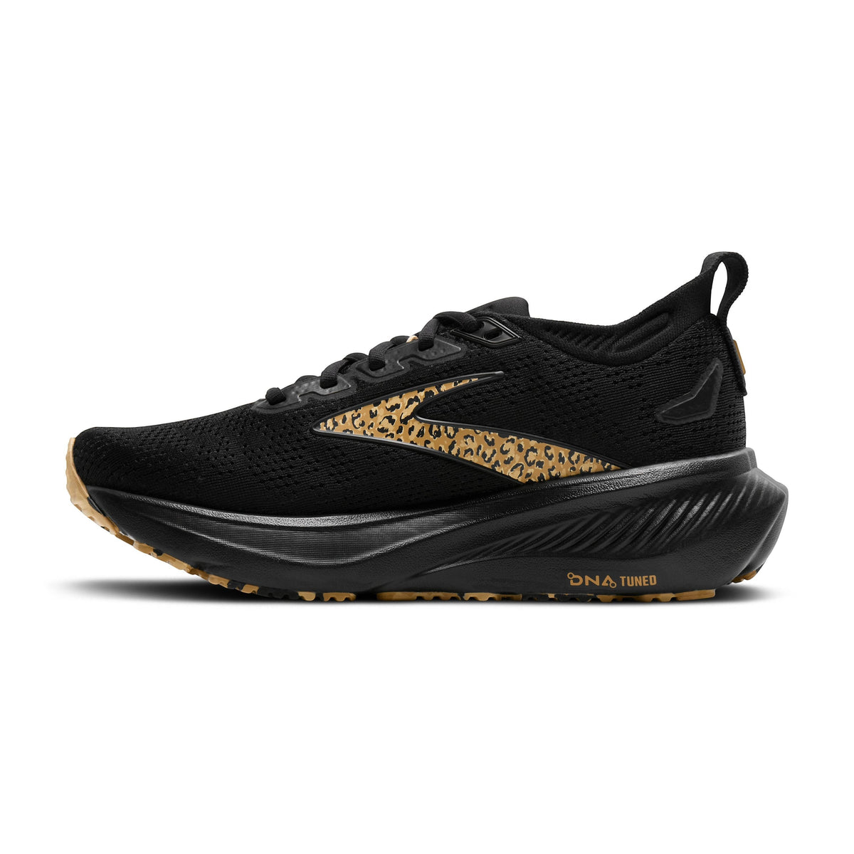 Allen's Bootery Women's Glycerin 23 black running shoes with leopard print accents and a gum sole.