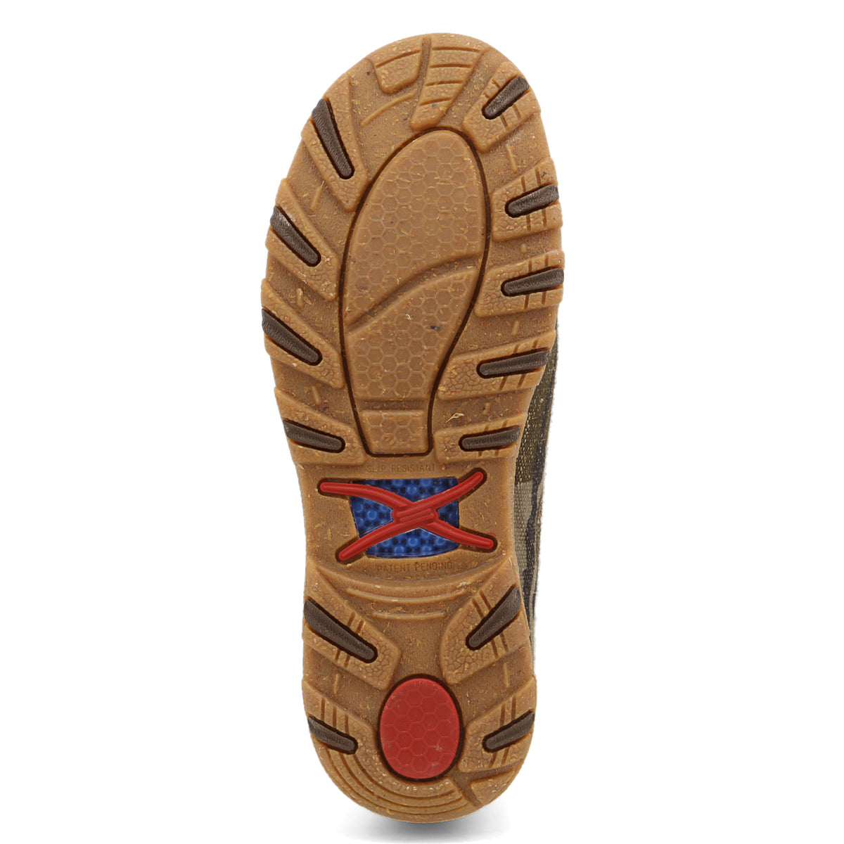 Allen's Bootery women's slip-on driving moc outsole featuring brown rubber tread with red and blue comfort details.
