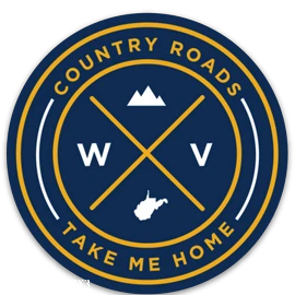 Allen's Bootery round WV seal sticker featuring Country Roads Take Me Home text, mountain icon, and state outline.