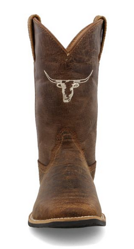 Allen's Bootery youth Top Hand western boot in tan and chocolate leather with a white longhorn logo on the shaft
