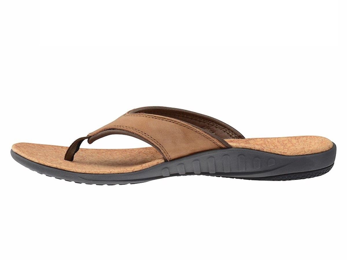 Allen's Bootery Yumi medium brown leather thong sandal with orthotic-grade arch support and cushioned footbed.