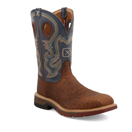 12"  Western Alloy Toe Work Boot  Distressed Saddle & Peacock