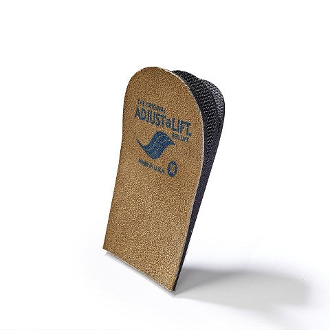 Allen's Bootery Adjust-A-Lift adjustable heel insert with tan suede top and firm foam layers for leg length support.