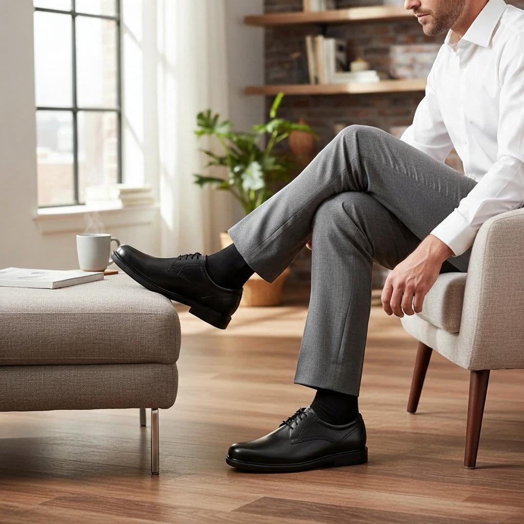 Allen's Bootery Ambassador black leather dress shoes worn by a man in grey trousers, featuring a cushioned sole.
