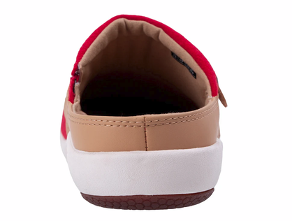 Allen's Bootery Ashton Wool Slide in baked apple red with tan leather trim and white cushioned sole, rear view.