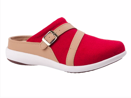 Allen's Bootery Ashton wool slide in baked apple red with tan leather straps, adjustable buckle, and white sole.