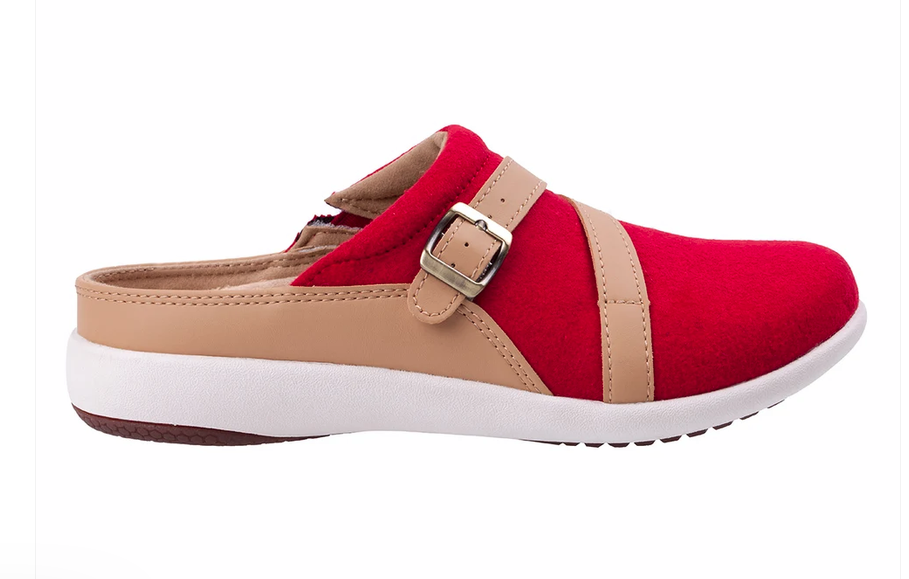 Allen's Bootery Ashton wool slide in baked apple red with tan leather trim, adjustable buckle, and white sole.
