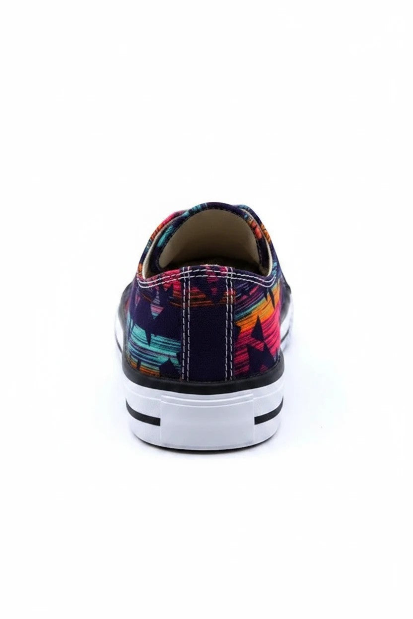 Allen's Bootery Star-1 low cut sneakers featuring a vibrant purple Aztec print on canvas with a white rubber sole