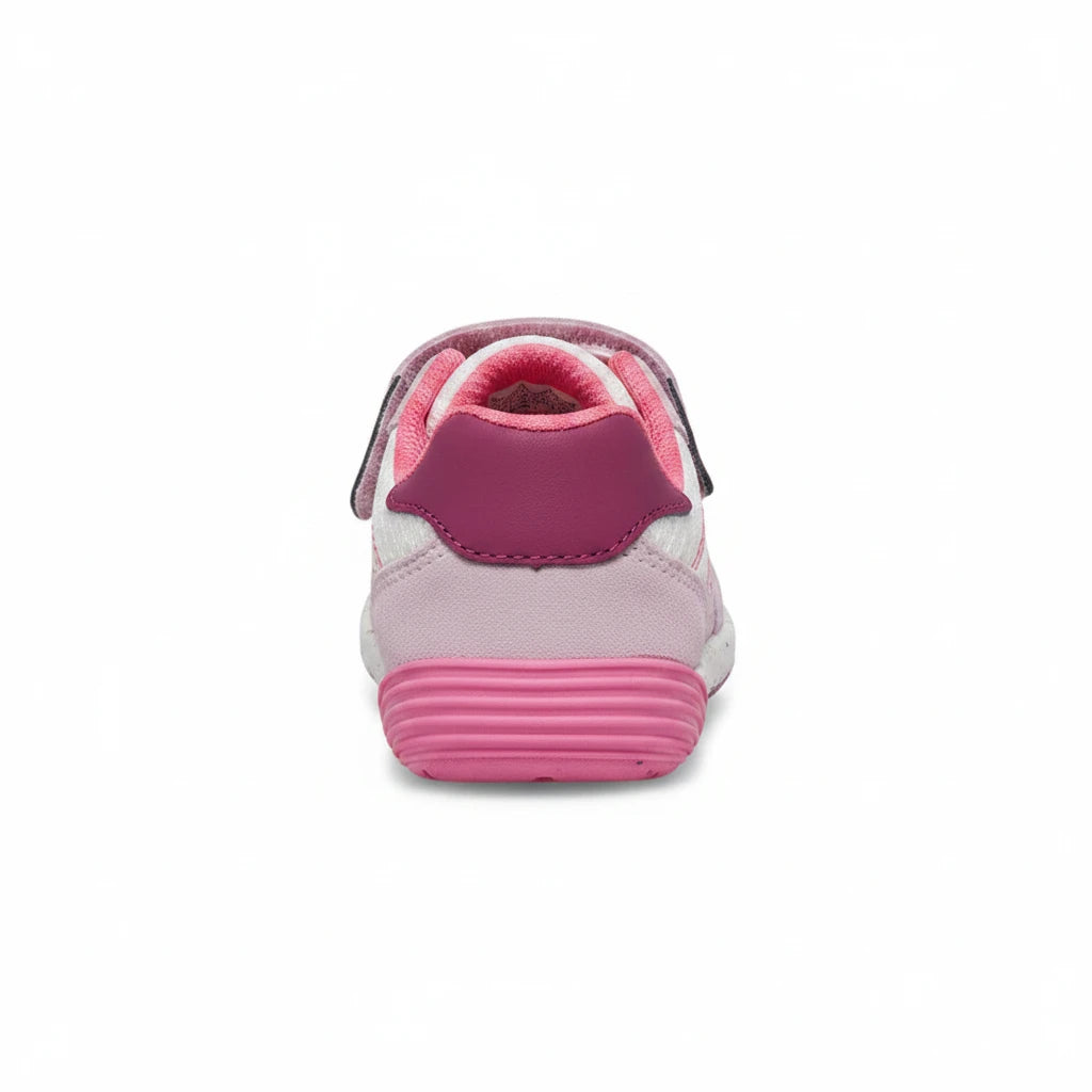 Allen's Bootery Baresteps A83 toddler sneaker in lilac and berry with a flexible rubber sole, rear view.