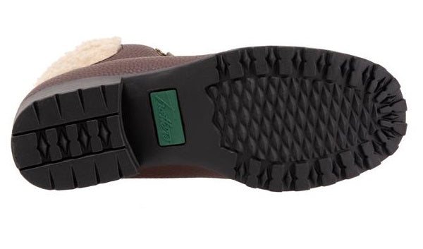 Allen's Bootery Becky 2.0 dark brown tumbled boot showing the black slip-resistant rubberized treaded sole