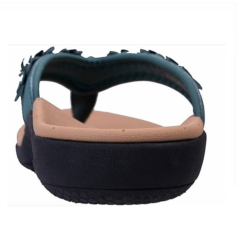 Allen's Bootery Yumi Belize sandal in mallard green with floral strap details and orthotic footbed, rear view.