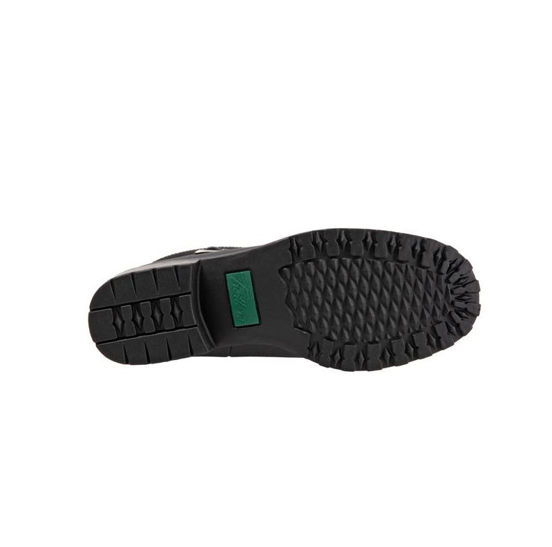 Allen's Bootery Berry Mid black boot showing the slip-resistant rubberized tread sole with green logo detail