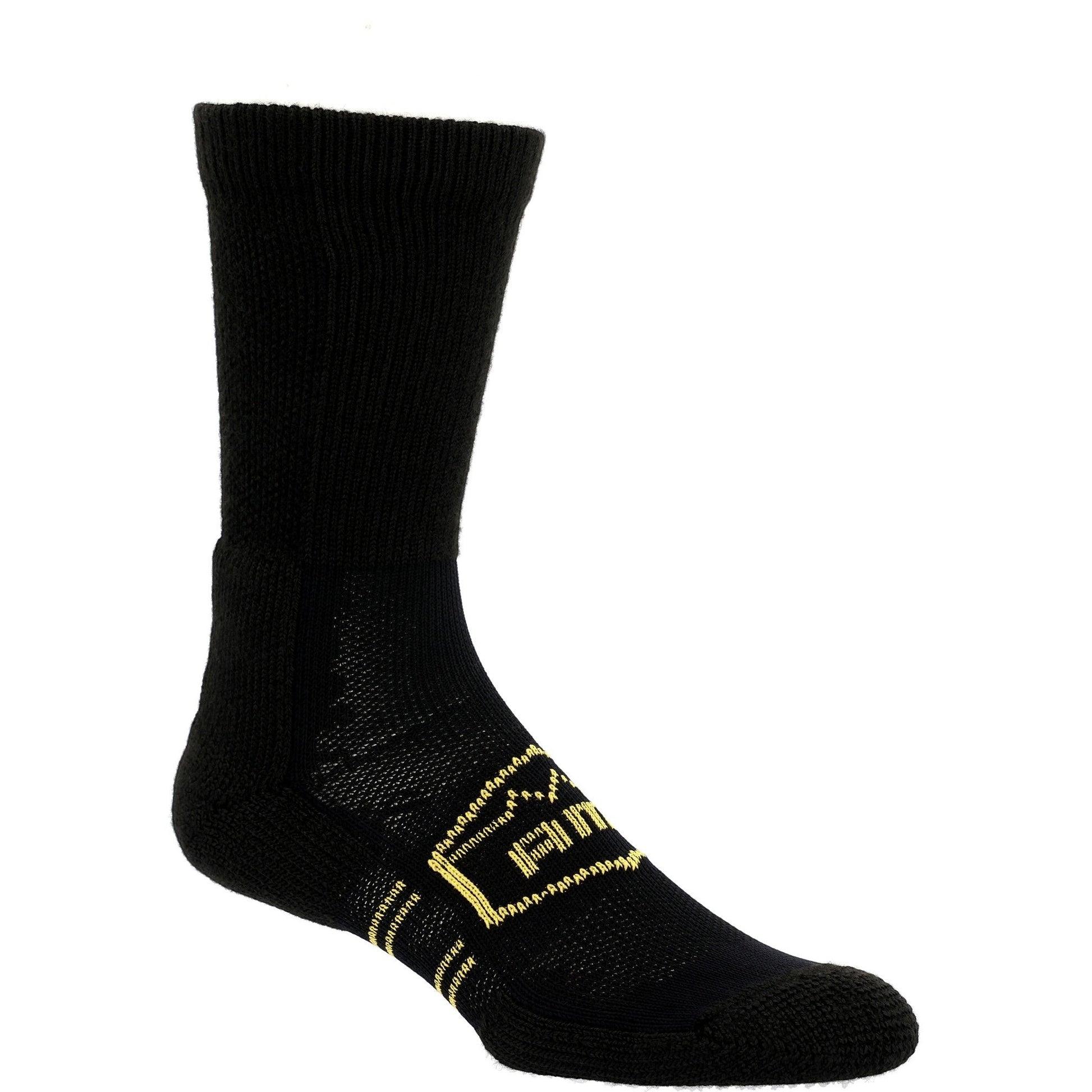 Allen's Bootery black Georgia Boot AMP MAX crew socks with yellow branding and high-density padding for work boots