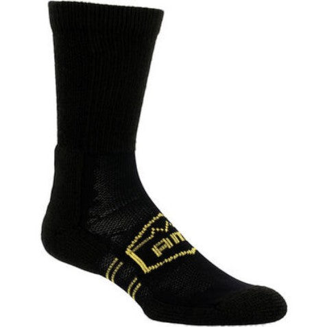 Allen's Bootery black Georgia Boot AMP MAX crew socks with yellow logo and targeted compression padding