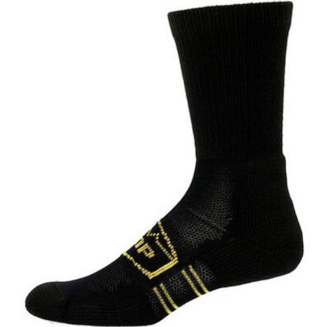 Allen's Bootery black Georgia Boot AMP MAX crew socks with yellow arch compression detailing and moisture-wicking fabric.