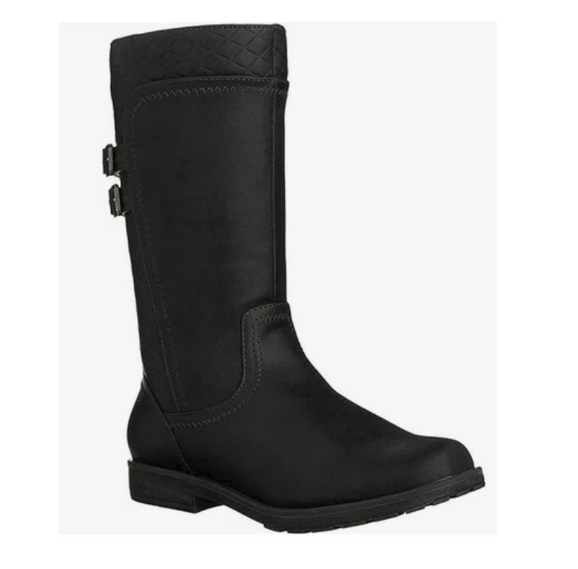 Allen's Bootery black tall riding boot for girls with side zipper, buckle detail, and quilted cuff texture