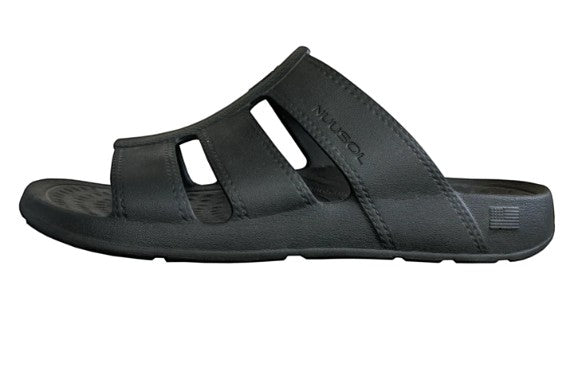 Allen's Bootery black NuuSol Stanley Slide featuring lightweight EVASOL foam, arch support, and a textured footbed.
